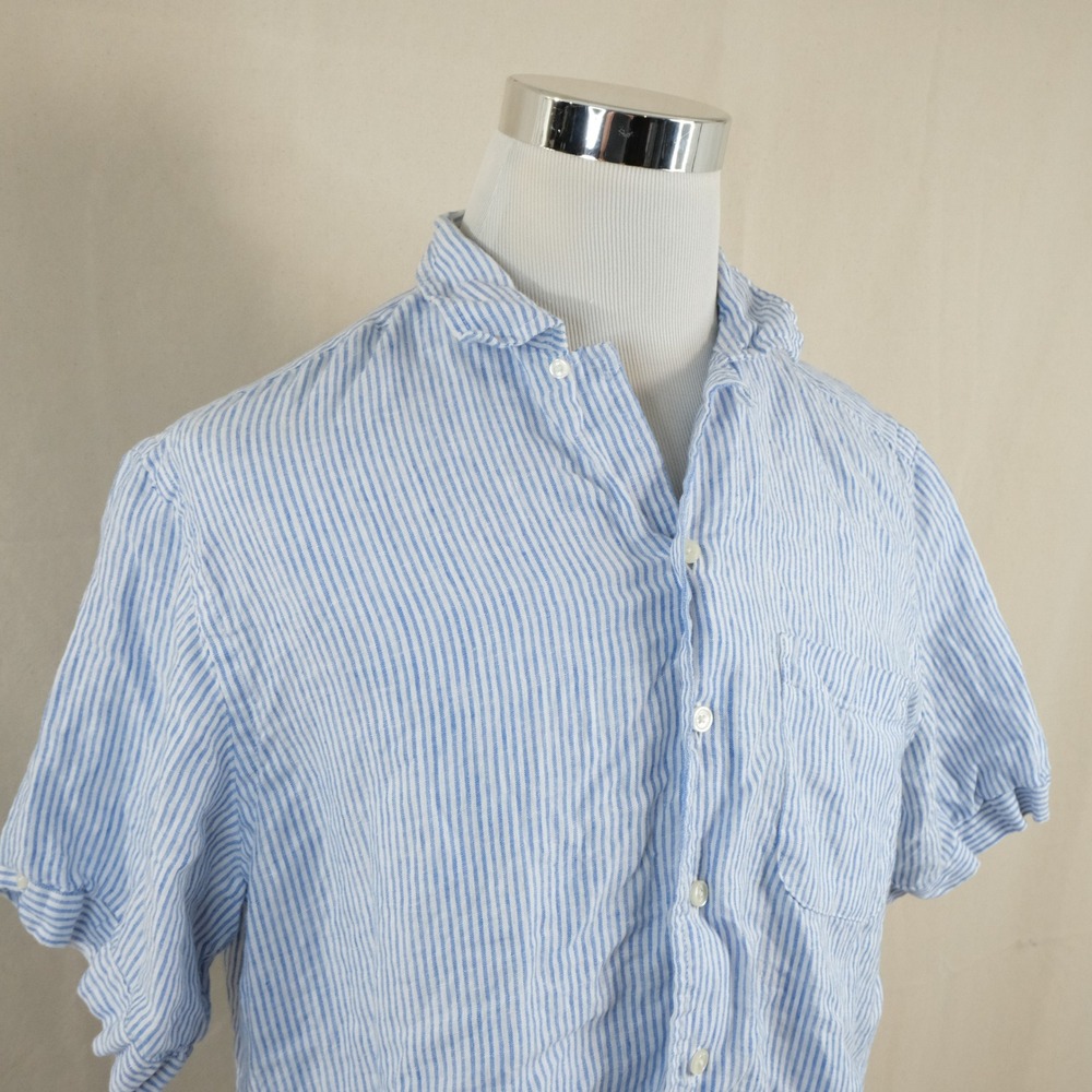 Brooks Brothers Large Regent Linen Loop Collar Shirt Blue Striped Short Sleeve